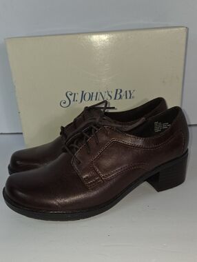 St. John's Bay Brown Leather Lace-Up Block Heel Shoes Womens Size 8.5M